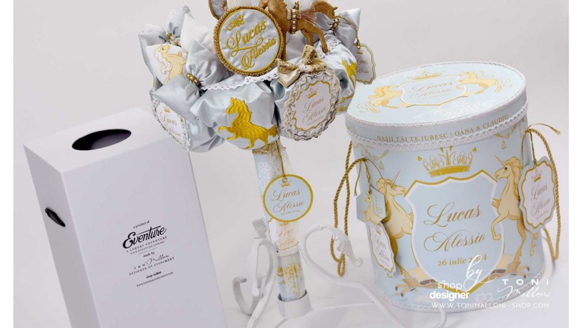Lumanare botez regala cu broderie personalizata Royal Horse Gold 11